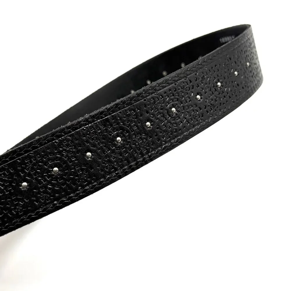 Fossil Boho Western Belt M 30-36 Black Tooled Leather Studded Hippie Cowgirl